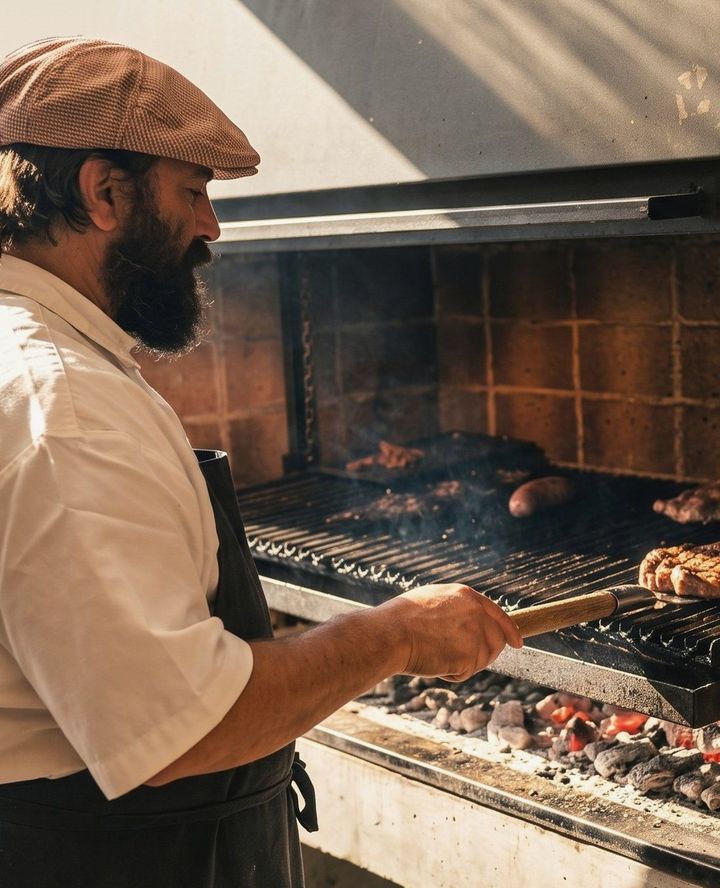Parrillero de Medio Perro dando la vuelta a la carne en la parrilla.